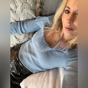 Zara Cropped Ruffle Chiffon Sweater Blue Party Whimsy Fairy 3D Ribbed Soft